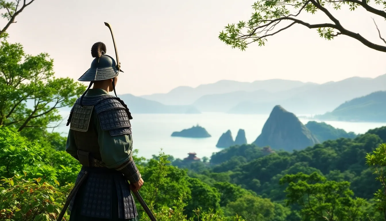 samurai in traditional armor on Tsushima Island landscape.
