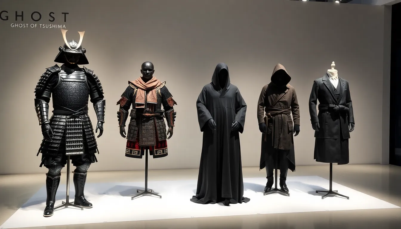 display of various Ghost of Tsushima armor types in a modern setting.