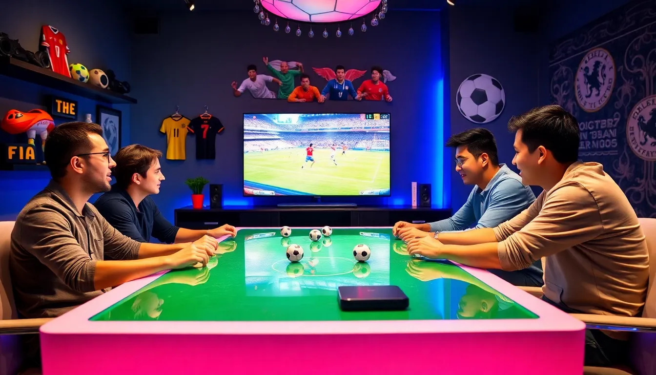 diverse group playing FIFA 2005 on a modern gaming setup.