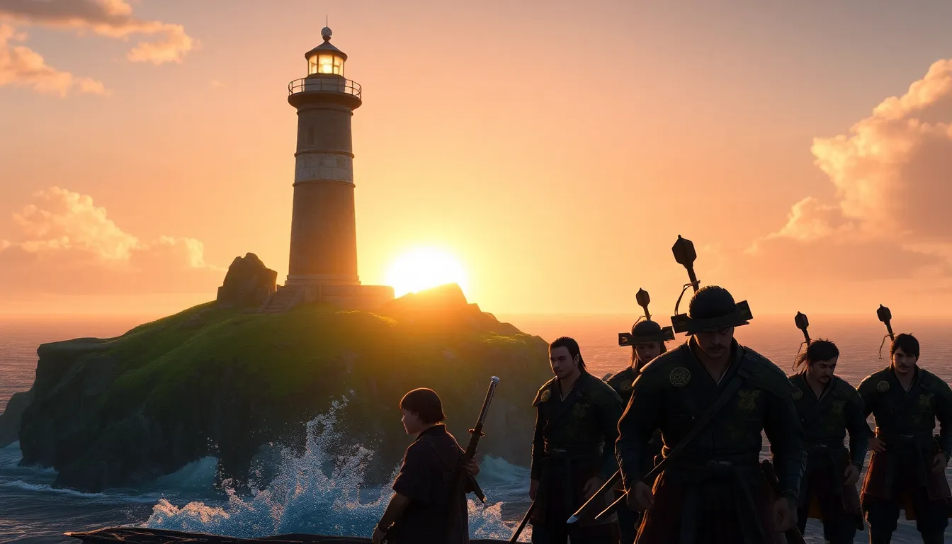players exploring a lighthouse on a scenic coastline.